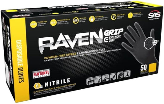 Raven Grip Extended Cuff Powder-Free Nitrile Exam Grade Disposable Gloves - 8 Mil